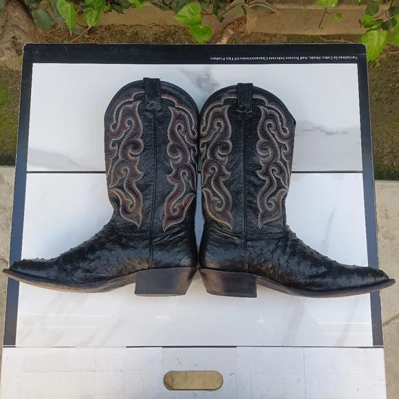Nocona Full Quill Ostrich Western Boots Size 9.5 D Black/Red - Picture 8 of 12